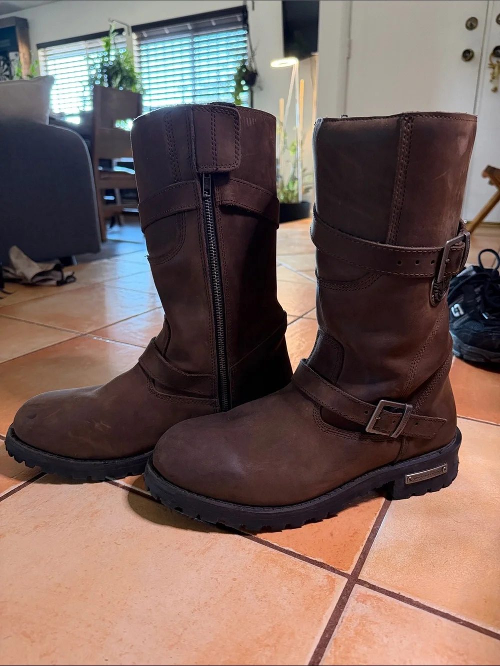Men's Dark Brown Leather Harness Boots with Side Zipper